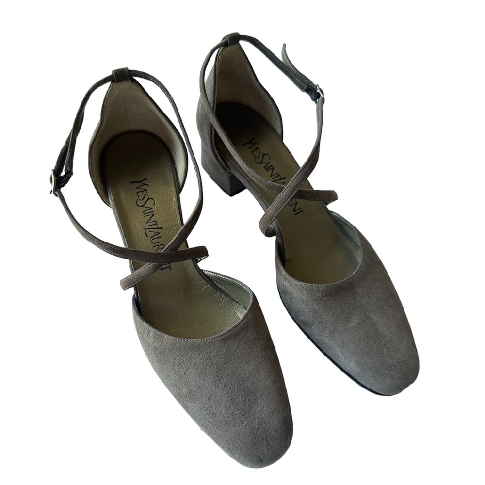 1990S YSL Vintage Taupe Suede Cross Strap Block Heel Shoes NEW